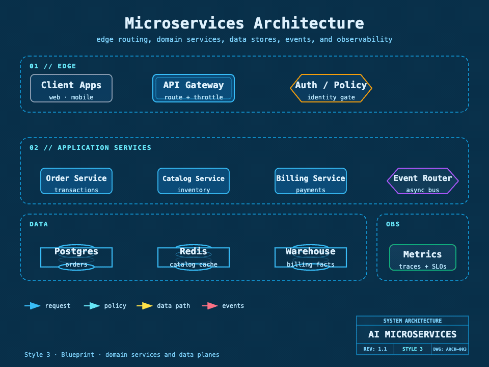 Animated Microservices Architecture in Blueprint style