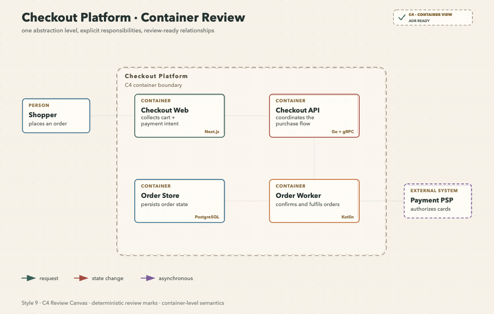 Animated Checkout Container Review in C4 Review Canvas style